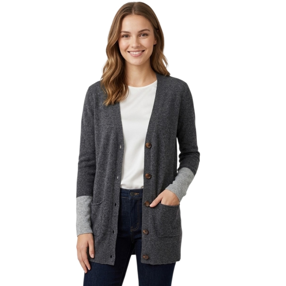 SM 100% Cashmere Sweater Cardigan Quiet Luxury Old Money Grey Button Long V Neck